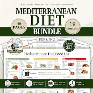 May include: A Mediterranean diet bundle with 40 pages and 19 templates. The bundle includes food lists, meal guides, and a breakfast, lunch, and dinner builder. The design features a green and white color scheme with images of healthy foods.