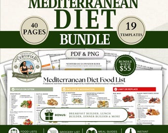 Mediterranean Diet Bundle, 19 Printable Templates, 40 Pages, Food List, Meal Plan, Grocery List, Meal Prep, Weekly Tracker PDF