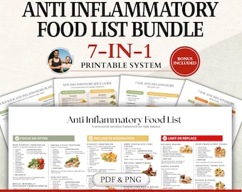 Lista de alimentos antiinflamatorios, guía dietética y plan de comidas (PDF y PNG imprimibles)