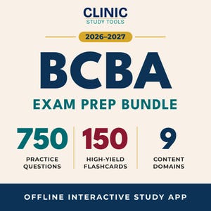 Op de afbeelding: Een digitale studiebron getiteld CLINIC STUDY TOOLS 2026-2027 BCBA EXAM PREP BUNDLE. Het bevat 750 oefenvragen, 150 high-yield flashcards en 9 inhoudsdomeinen. Het onderste gedeelte geeft een offline interactieve studie-app aan.
