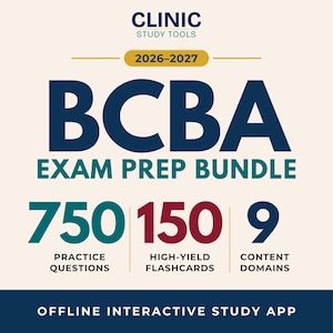May include: A BCBA Exam Prep Bundle study tool graphic featuring the text 2026-2027, 750 practice questions, 150 high-yield flashcards, 9 content domains, and offline interactive study app in navy, teal, and maroon on a cream background.