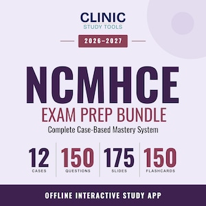 May include: A digital study resource titled CLINIC STUDY TOOLS 2026-2027 NCMHCE EXAM PREP BUNDLE Complete Case-Based Mastery System. It features 12 cases, 150 questions, 175 slides, and 150 flashcards, presented as an offline interactive study app.