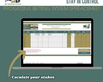 May include: A laptop screen displays a spreadsheet titled "Progressive Betting System Calculator." The screen shows data tables and the text "Bet Smarter, Stay in Control." The website address "WWW.BETSMARTERSYSTEMS.COM" is visible, along with the phrase "Calculate your stakes."