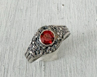 Garnet Ring with Granulation in Sterling Silver, Faceted Garnet Ring. Size 7.5