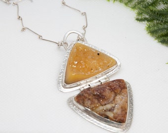 Double Druzy Pendant with Hinge in Sterling Silver, Specialized Druzy with Handmade Chain