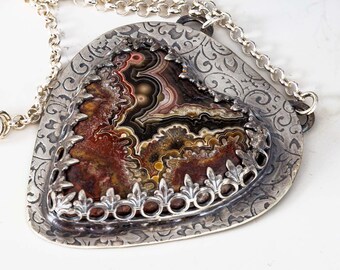 Crazy Lace Agate Heart in Sterling Silver, Handmade Statement Pendant