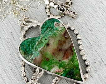 Heart Necklace, Parrot Wing Chrysocolla in Sterling Silver with Dragonfly