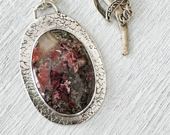Moss Agate Pendant Necklace with Pinks and Green dendrites set into Handmade Sterling Silver