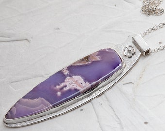 Purple Laguna Agate Pendant in Sterling Silver, Long Agate Pendant, Handmade