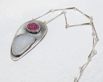 Druzy Necklace, Double Druzy in Sterling Silver, with Handmade Chain