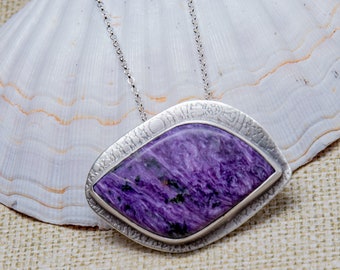 Purple Charoite Stone Pendant in Sterling Silver, Handmade