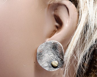 Silver Textured Stud Earrings with 22K Gold, Lightweight statement earring, sterling silver