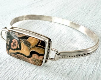 Flowering Tube Onyx Hinged Bracelet in Sterling Silver, Handmade