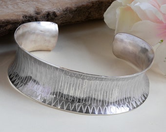 Sterling Silver Cuff Bracelet, Hand Formed with Geometric Etching