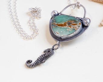 Ocean Picture Stone with Sea Horse Pendant in Handmade Sterling Silver