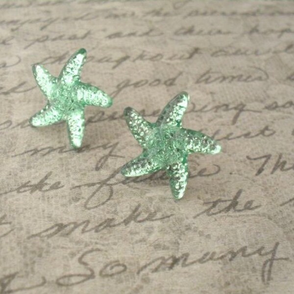 light green starfish earrings - rhinestone starfish