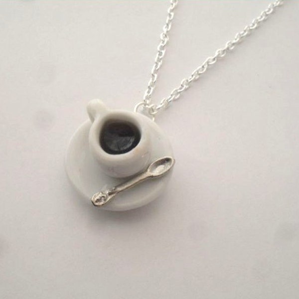 miniature cup of coffee necklace / cup of coffee or tea on saucer with spoon