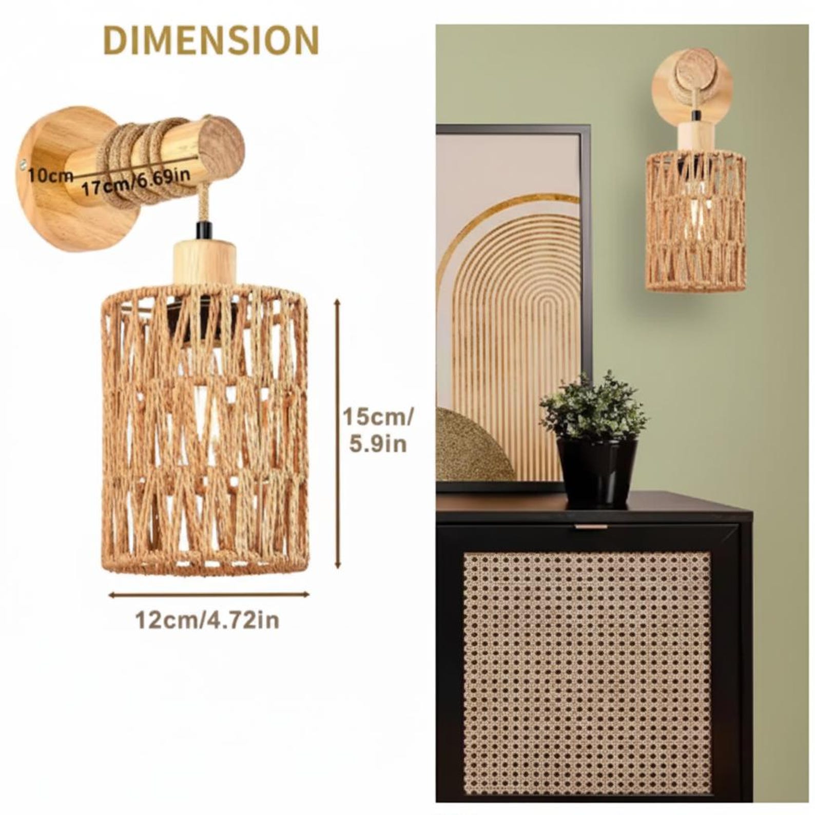 Hemp Rope Wall Sconce - Cylindrical Farmhouse Bedside Light - Etsy