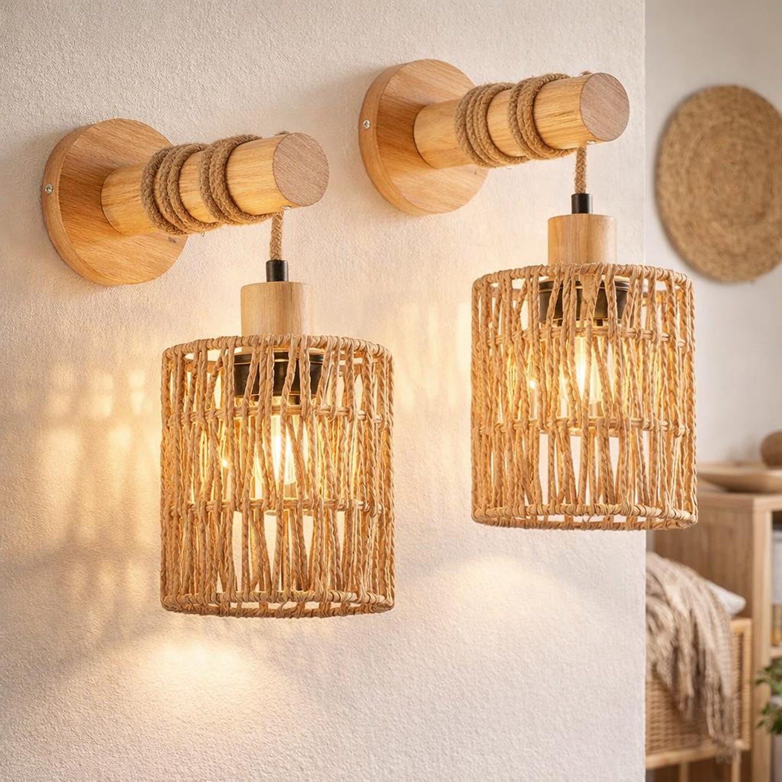 Hemp Rope Wall Sconce - Cylindrical Farmhouse Bedside Light - Etsy