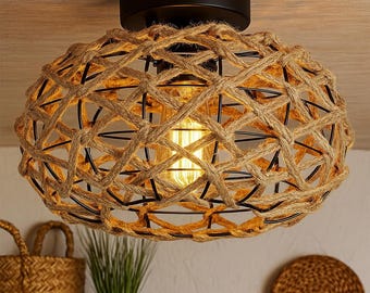 Lámpara de techo boho chic de ratán, luminaria semiempotrada de cuerda de cáñamo tejida