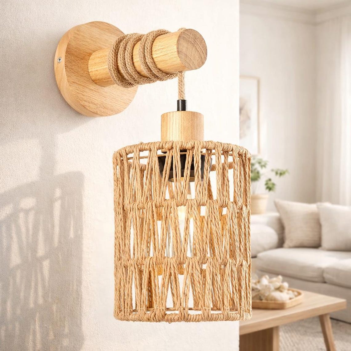 Hemp Rope Wall Sconce - Cylindrical Farmhouse Bedside Light - Etsy