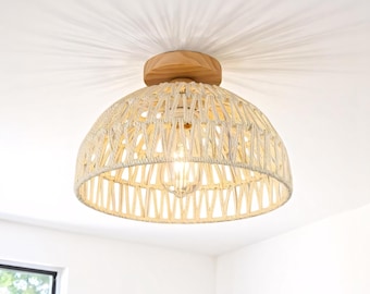 Handwoven Bohemian Rattan Ceiling Light: Wooden Base Flush Mount Close-to-Ceiling Pendant Light