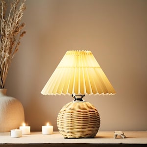 Pleated Rattan LED Table Lamp – Bedside, Desk, or Living Room Light, Cozy Home Office Decor & Nightstand Accent Lamp