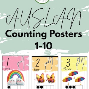 May include: AUSLAN counting posters 1-10. The posters display numbers one to three with illustrations of hand gestures and objects such as a rainbow, butterflies, and umbrellas. The text "AUSLAN Counting Posters" is written in large, black script.
