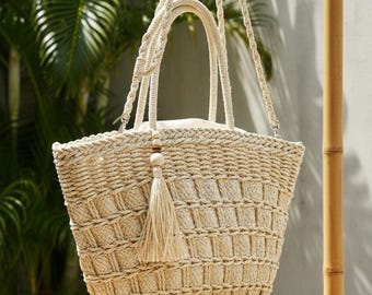 Handmade Round Jute Bag, Boho Braided Crossbody Purse
