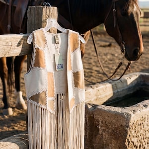 Patchwork Suede Fringe Vest – Western Boho Gilet with Whipstitch Detail