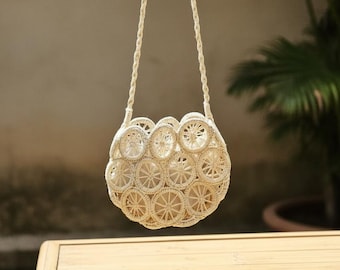 Handmade Round Jute Crossbody Bag, Boho Wheel Pattern