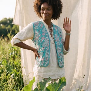 Chaleco acolchado reversible de algodón orgánico: Chaqueta de invierno sin mangas con estampado floral bohemio