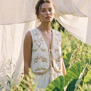 Embroidered Cotton Waistcoat – Boho Floral Gilet, Artisan Layering Top