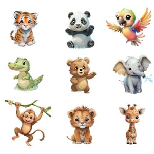 Jungle Animals Art Print – Set of 9 Wild Animal Illustrations – Perfect for Kids Room, Nursery Decor, Safari Theme