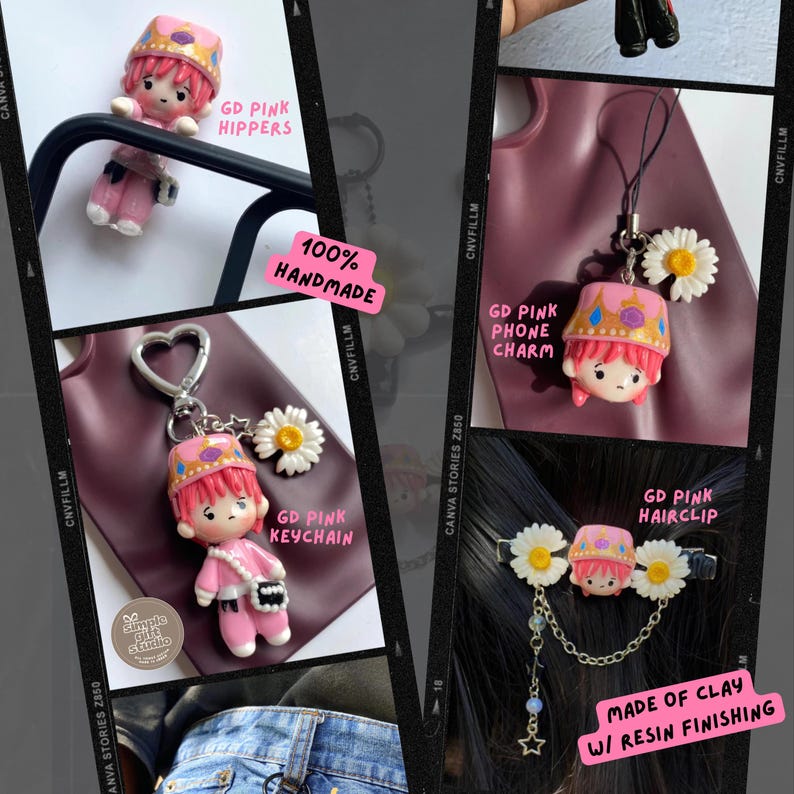 Puede incluir: Un collage de accesorios de arcilla hechos a mano en rosa, que incluyen un llavero, un charm para tel&eacute;fono, una pinza para el pelo y un tirador de cremallera. Cada uno presenta un personaje de dibujos animados con una corona y detalles de margaritas.