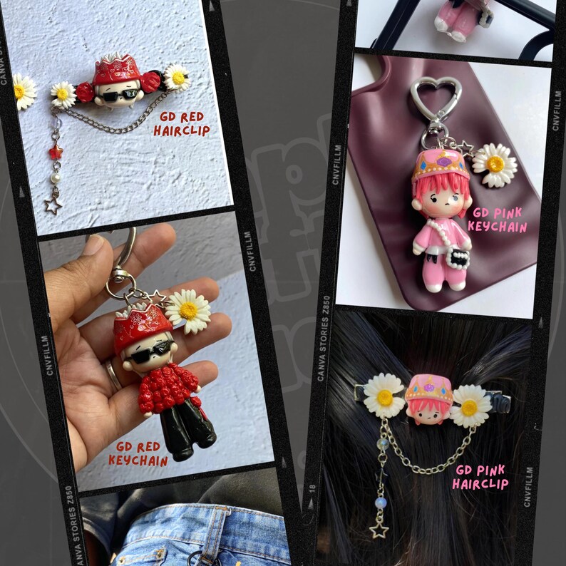 Puede incluir: Colecci&oacute;n de accesorios hechos a mano con figuras en miniatura. Incluye un llavero rojo, un llavero rosa y dos pinzas para el pelo. Los accesorios est&aacute;n adornados con detalles de margaritas y cadenas. El texto en la imagen dice "GD RED KEYCHAIN", "GD RED HAIRCLIP", "GD PINK KEYCHAIN" y "GD PINK HAIRCLIP".