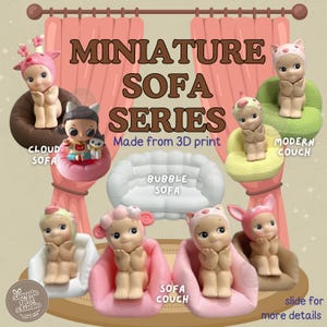 以下が含まれることがあります： ミニチュアソファとフィギュアのコレクション。クラウド、バブル、モダンソファなどのデザインを紹介しています。「MINIATURE SOFA SERIES」と「Made from 3D print」の文字が表示されています。画像には「slide for more details」の文字も含まれています。