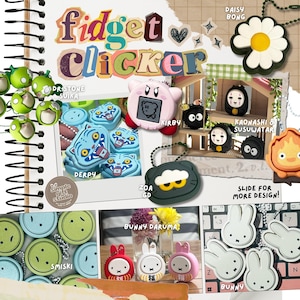 Pode incluir: Uma coleção de chaveiros fidget clicker com vários designs de personagens, incluindo Kirby, uma margarida, Kaonashi, Susuwatari, um tigre, um gato, Smiski, Bunny Daruma e Miffy. A imagem mostra vários pingentes de plástico coloridos.