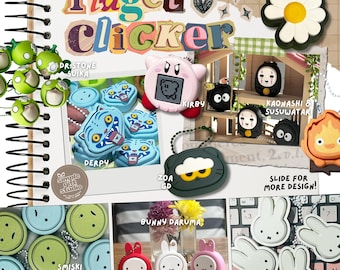May include: A collection of fidget clicker keychains featuring various character designs including Kirby, a daisy, Kaonashi, Susuwatari, a tiger, a cat, Smiski, Bunny Daruma, and Miffy. The image displays multiple colorful plastic charms.