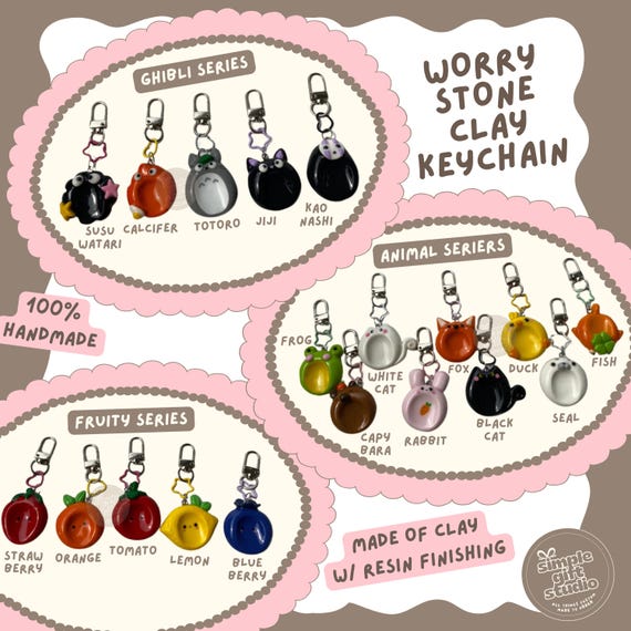 Handmade Worry Stone Clay Keychain -  kawaii keychain | ghibli totoro ponyo susuwatari calcifer jiji kaonashi animal series fruit series