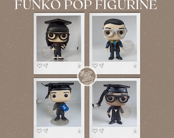 May include: Four Funko Pop figurines of graduates in caps and gowns. The figurines are in a grid layout, each in a polaroid-style frame. The text at the top reads "GRADUATES FUNKO POP FIGURINE". The bottom text says "MADE OF ORIGINAL FUNKO AS BASE W/ VINYL + CLAY".