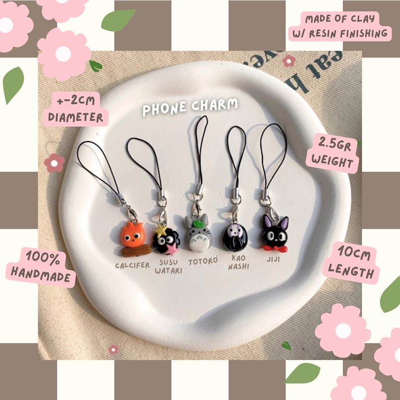 Ghibli Inspired Handmade Clay - kawaii phone hippers klei mate | ghibli keychain | phone charm | worry stone clay | handmade bracelet Phone Charms