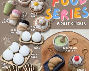 3D Printed Food Series Fidget Clickers – Matcha, Takoyaki, Croissant, Pudding Stress Relief