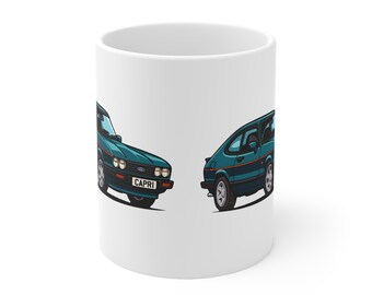 Tazza con illustrazione caricaturale della Ford Capri 280 / Auto d'epoca retrò anni '80, appassionato di motori