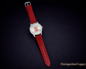 DST Red Leather Silver Sun Cut Dial Watch Women