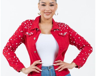 Red Denim Jacket, Pearl Rhinestone Embellished, DST Sorority Apparel