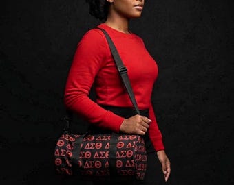 Delta Sigma Theta Allover Greek Letter Duffel Bag – Red Black Travel Gym Bag