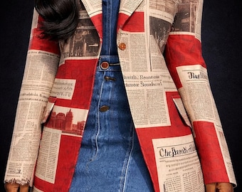 Newspaper Print Loose Notched Collar Long Sleeve Blazer