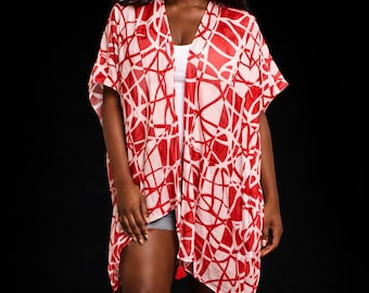 Red & White Colorblock Swirl Kimono – Elegant Beach Cover-Up