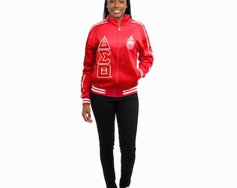Red Delta Sigma Theta Embroidered Track Jacket, DST Sorority Athleisure Zip Up